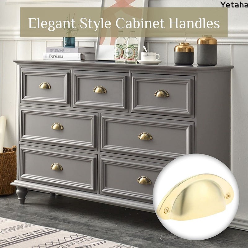 Yetaha Gold Drawer Pulls, 10PCS Bin Cup Cabinet Handles Retro Shell Shape Knobs for Dresser Cupboard Kitchen Furniture Decoration, with Screws (Gold) - Image 5